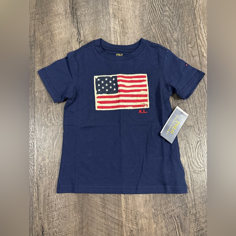 New - Polo by Ralph Lauren Kids Navy T-Shirt with American Flag